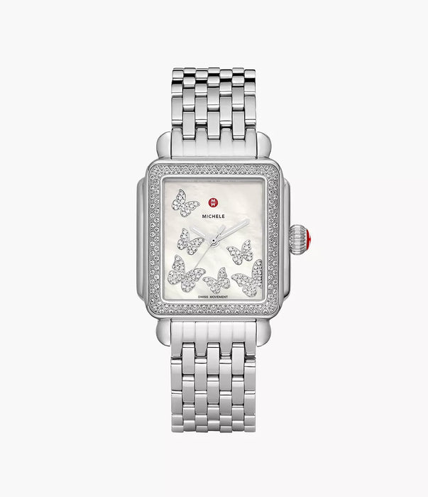 Michele Limited Edition Deco Diamond Butterfly and Mother of Pearl Dial Stainless Steel Watch
