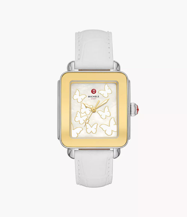 Michele Deco Sport Gold Tone White Leather and Butterfly Dial Watch