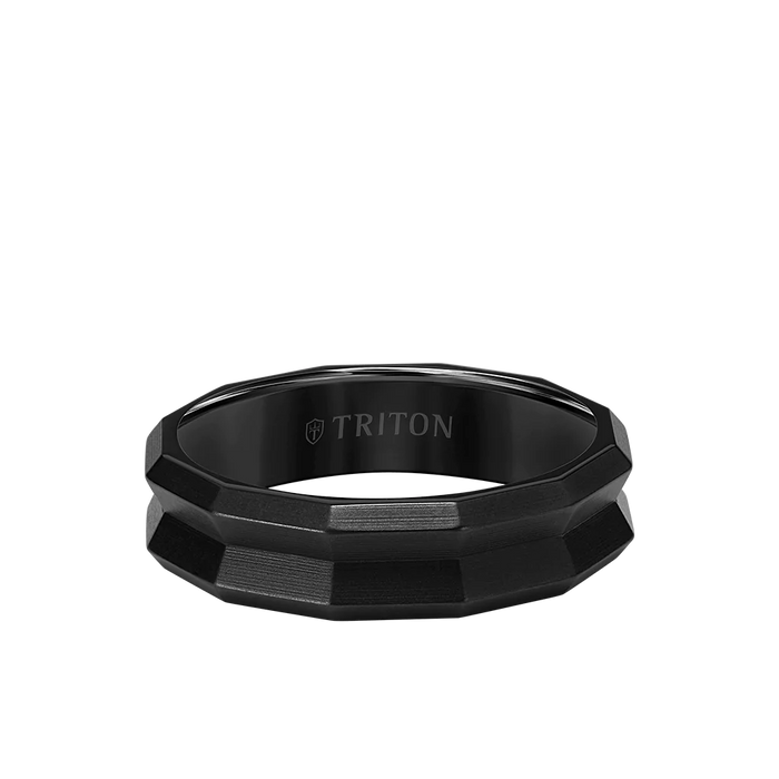 Triton Men's 6MM Black Titanium Ring with Faceted Beveled Edge and Sandblast Finish