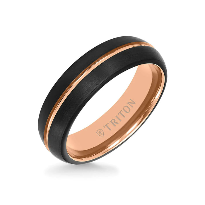 Triton Men's 6.5MM Tungsten Carbide Two-Tone Black and Rose Brushed Finish Ring
