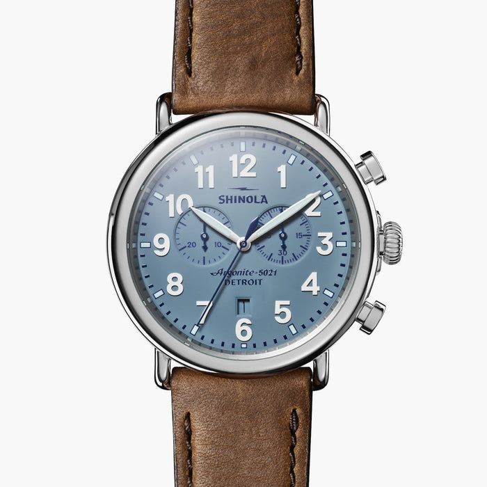 Shinola Runwell Chrono 47MM Two Eye Blue Face and Leather Strap Watch