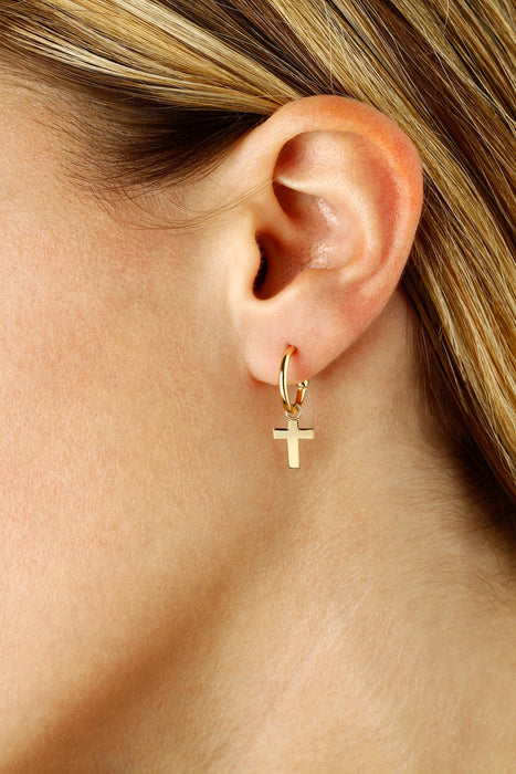 14K Yellow Gold Cross Dangle Hoop Earrings