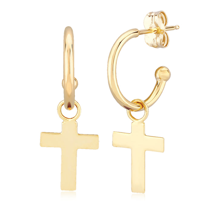 14K Yellow Gold Cross Dangle Hoop Earrings