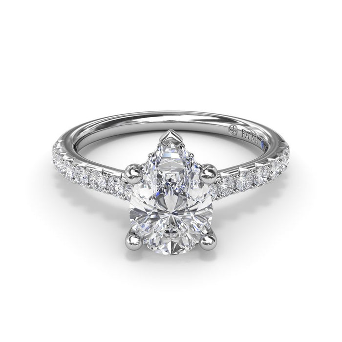 Pavé Shank with Pear-Shape Center and Hidden Halo Engagement Ring Setting