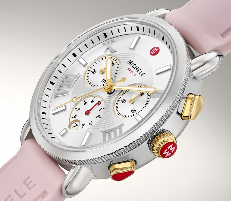 Michele Sporty Sport Sail Watch, Two-Tone with Peony Pink Silicone Strap