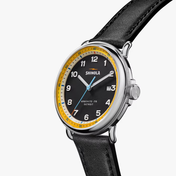 Shinola Canfield Model C56, Black and Yellow Dial with Black Leather Strap