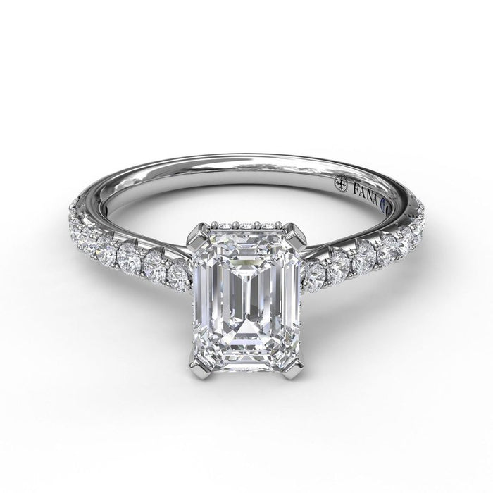 Emerald Cut with Hidden Halo and Diamond Shank Engagement Ring Setting