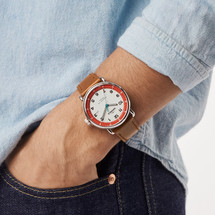 Shinola Canfield Model C56, Gray and Red Dial with Tan Leather Strap