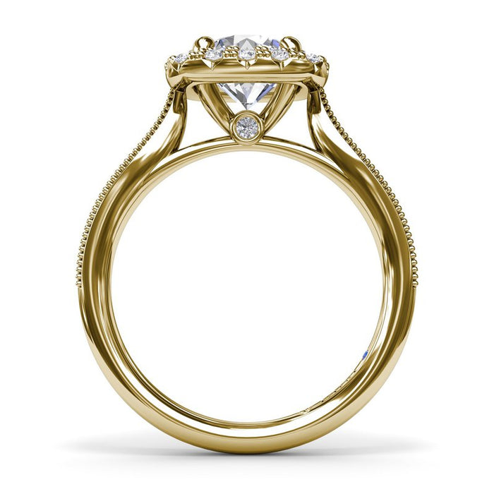 Tapered Milgrain Shank with Cushion Halo Engagement Ring Setting