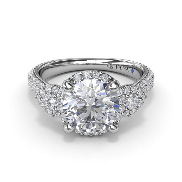 Three-Stone with Triple Halo and Triple Row Pavé Shank Engagement Ring Setting