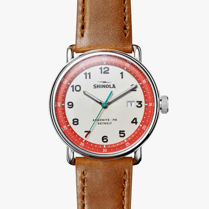 Shinola Canfield Model C56, Gray and Red Dial with Tan Leather Strap