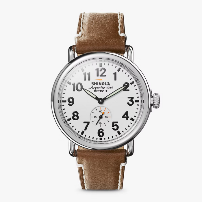 Shinola Runwell, White Dial with Tan Leather Strap