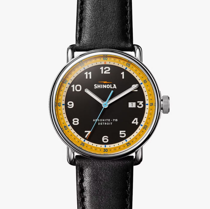 Shinola Canfield Model C56, Black and Yellow Dial with Black Leather Strap