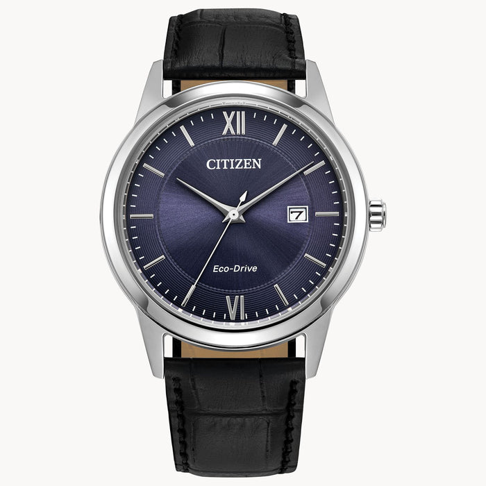 Citizen Men's Classic Blue Dial and Black Leather Strap Eco Drive Watch