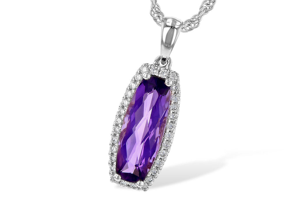 14k White Gold Elongated Amethyst Necklace with Diamond Halo