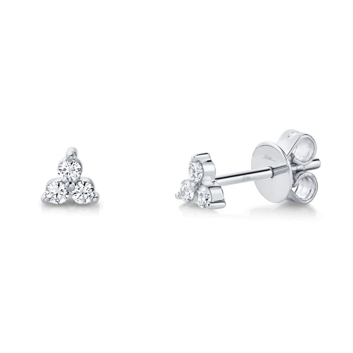 14k White Gold Three Diamond Cluster Stud Earrings