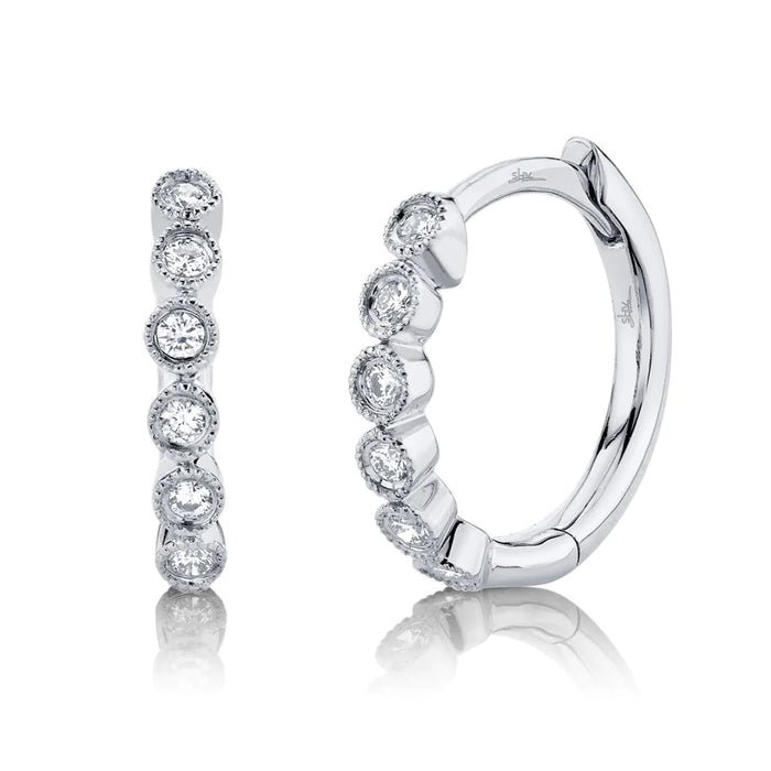 14k White Gold Bezel Set Diamond Huggie Hoop Earrings