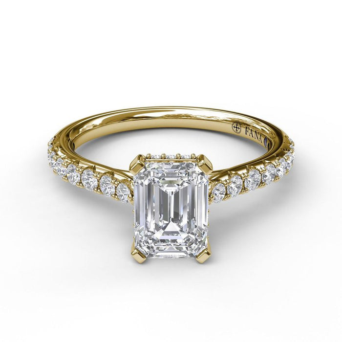 Emerald Cut with Hidden Halo and Diamond Shank Engagement Ring Setting