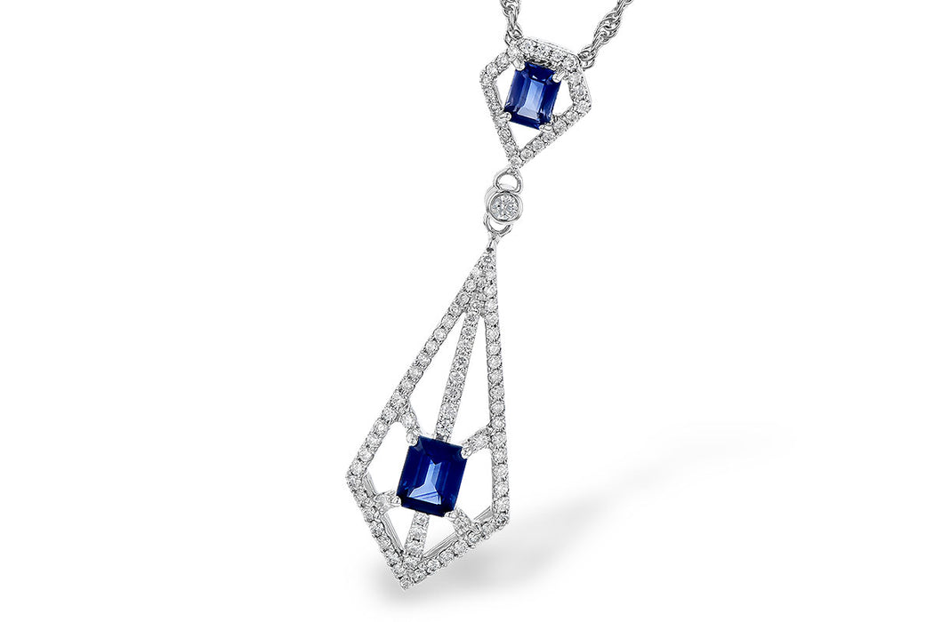 14k White Gold Diamond and Sapphire Geometric Elongated Necklace