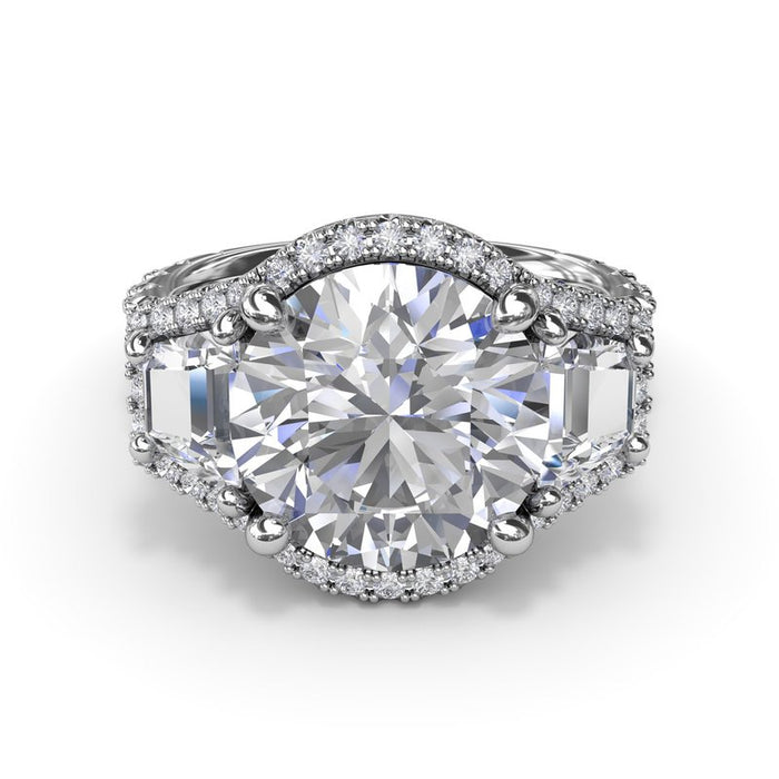 Full Halo with Round and Trapezoid Three-Stone Engagement Ring Setting