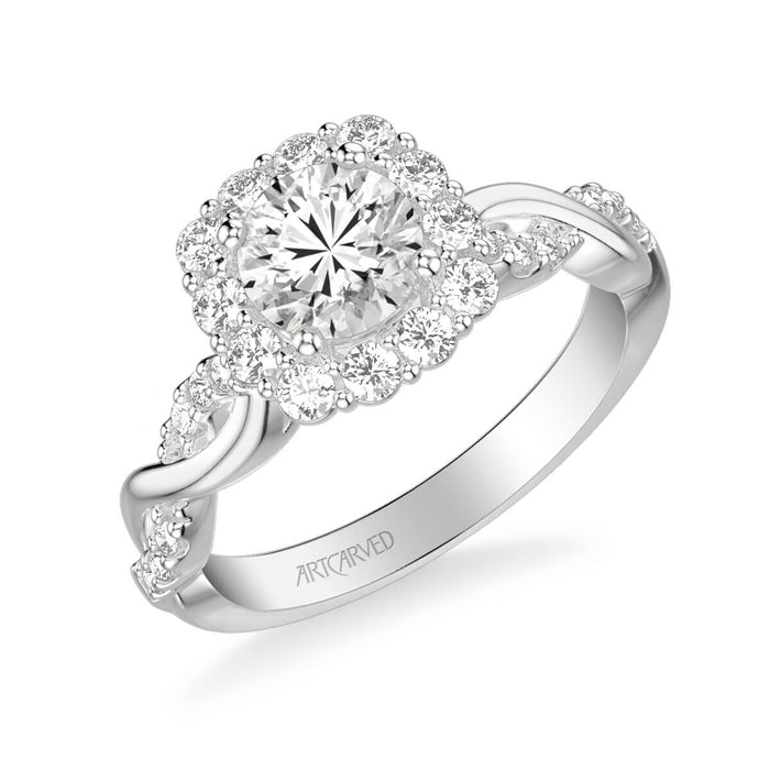 Bella Contemporary Cushion Halo Round Center Twist Engagement Ring Setting