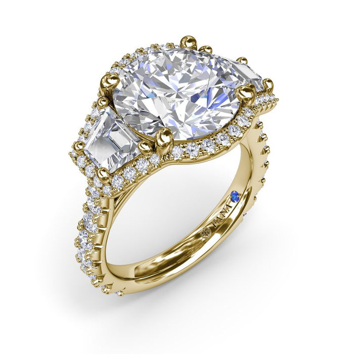 Full Halo with Round and Trapezoid Three-Stone Engagement Ring Setting