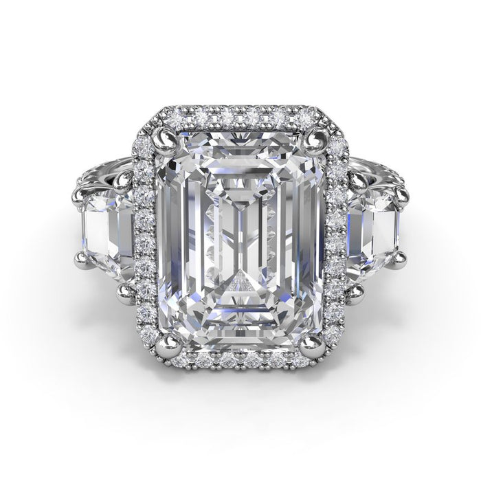 Emerald-Cut with Halo and Trapezoid Side Stones Engagement Ring Setting