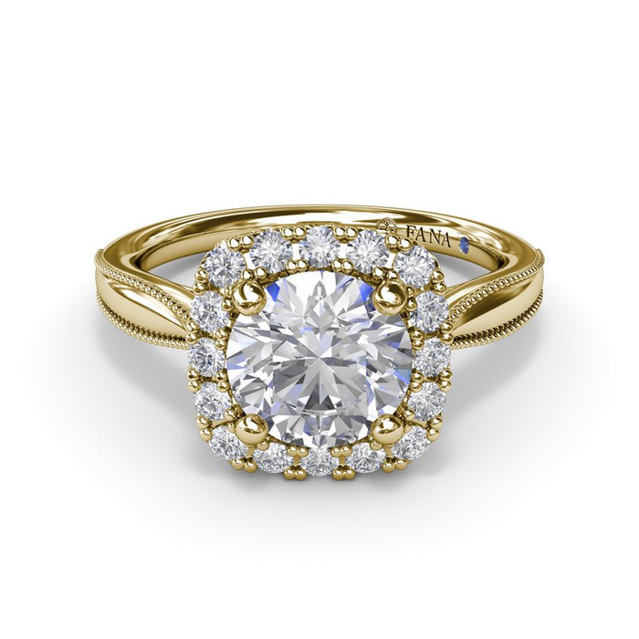 Tapered Milgrain Shank with Cushion Halo Engagement Ring Setting