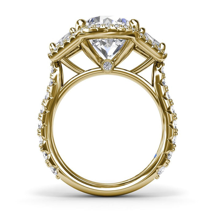 Full Halo with Round and Trapezoid Three-Stone Engagement Ring Setting