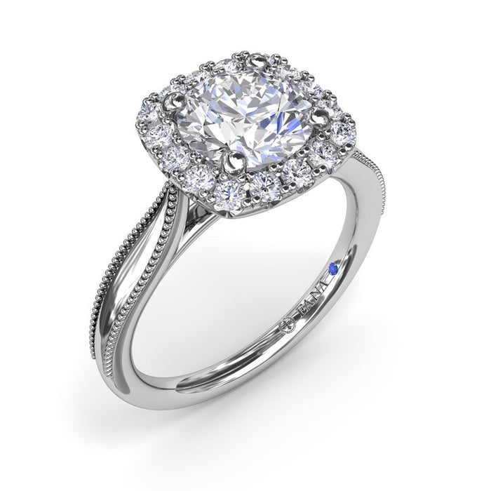 Tapered Milgrain Shank with Cushion Halo Engagement Ring Setting