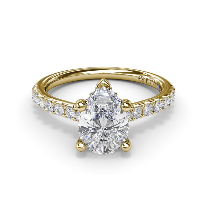 Pavé Shank with Pear-Shape Center and Hidden Halo Engagement Ring Setting