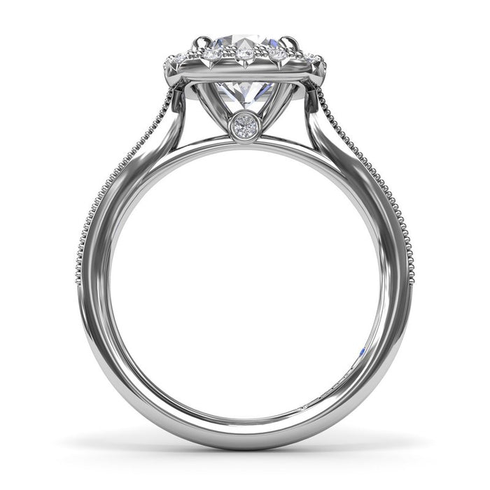 Tapered Milgrain Shank with Cushion Halo Engagement Ring Setting