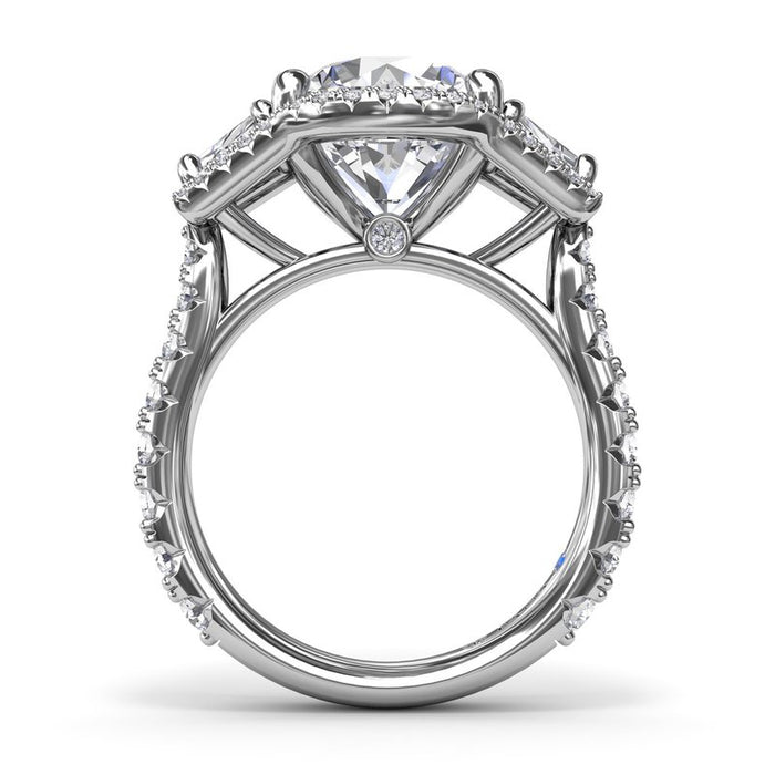 Full Halo with Round and Trapezoid Three-Stone Engagement Ring Setting