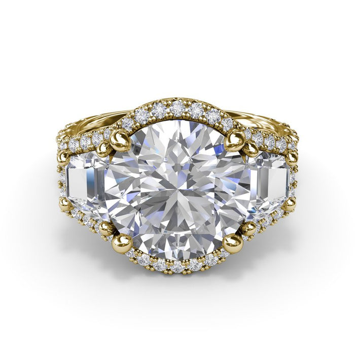 Full Halo with Round and Trapezoid Three-Stone Engagement Ring Setting