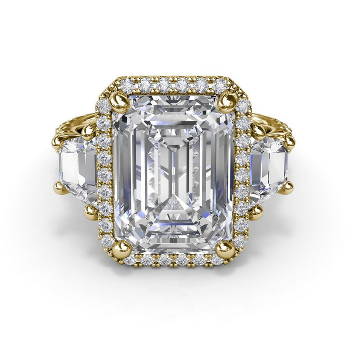 Emerald-Cut with Halo and Trapezoid Side Stones Engagement Ring Setting