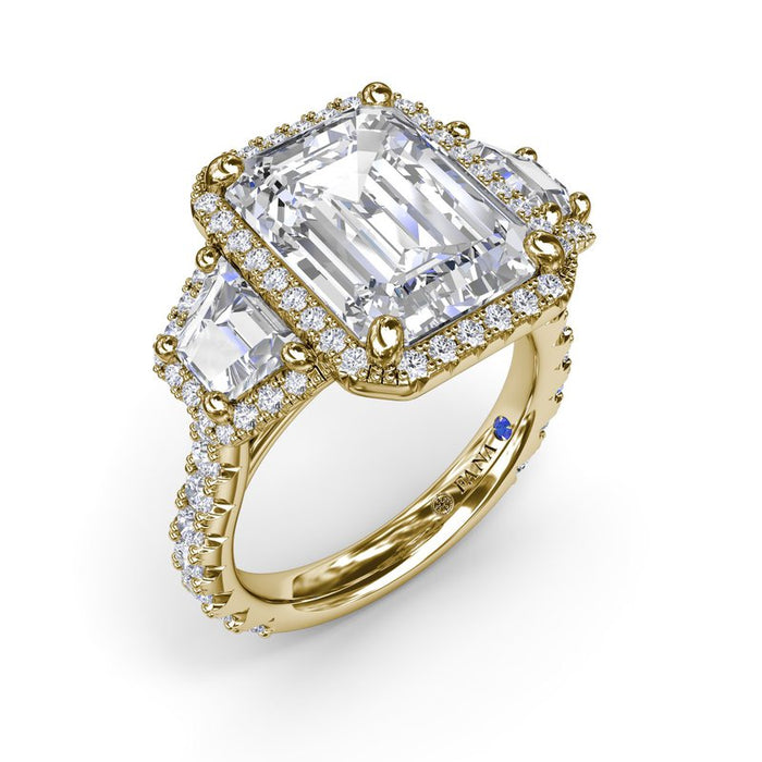 Three-Stone Triple Halo Engagement Ring Setting