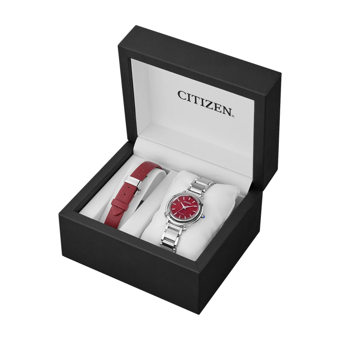 Citizen L Arcly Eco-Drive Watch, Silver-Tone with Red Dial and Interchangeable Strap