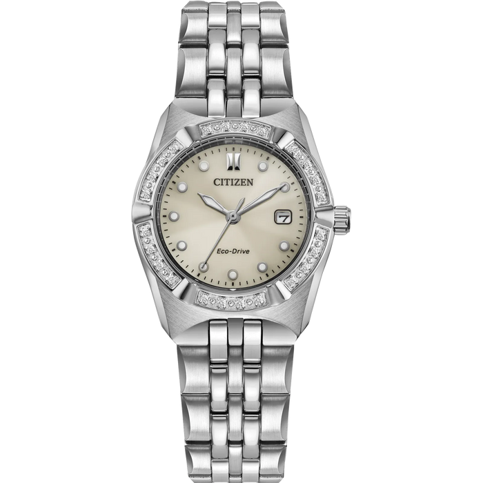 Citizen Corso Diamond Eco-Drive Watch, Silver-Tone with Taupe Dial