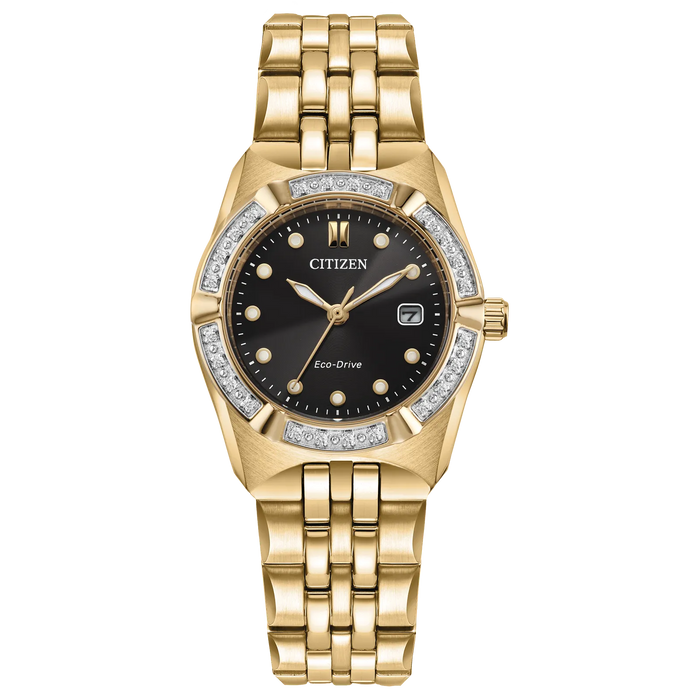 Citizen Corso Diamond Eco-Drive Watch, Gold-Tone with Black Dial