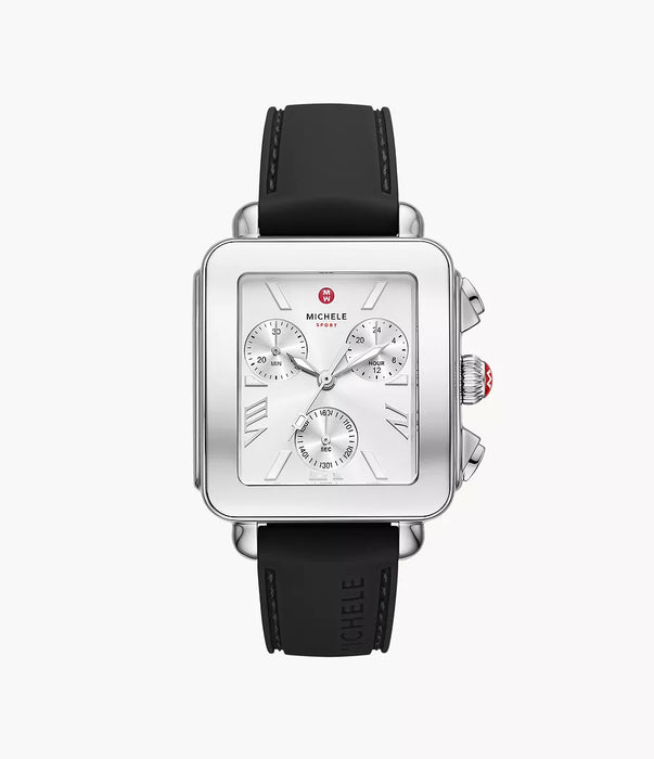 Michele Deco Sport Watch, Silver-Tone with Black Silicone Strap