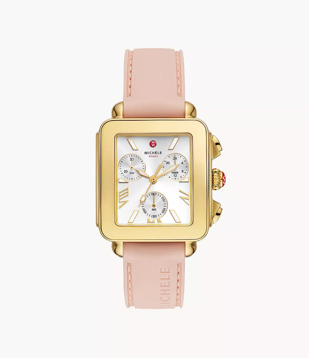 Michele Deco Sport Watch, Gold-Tone with Ballet Pink Silicone Strap