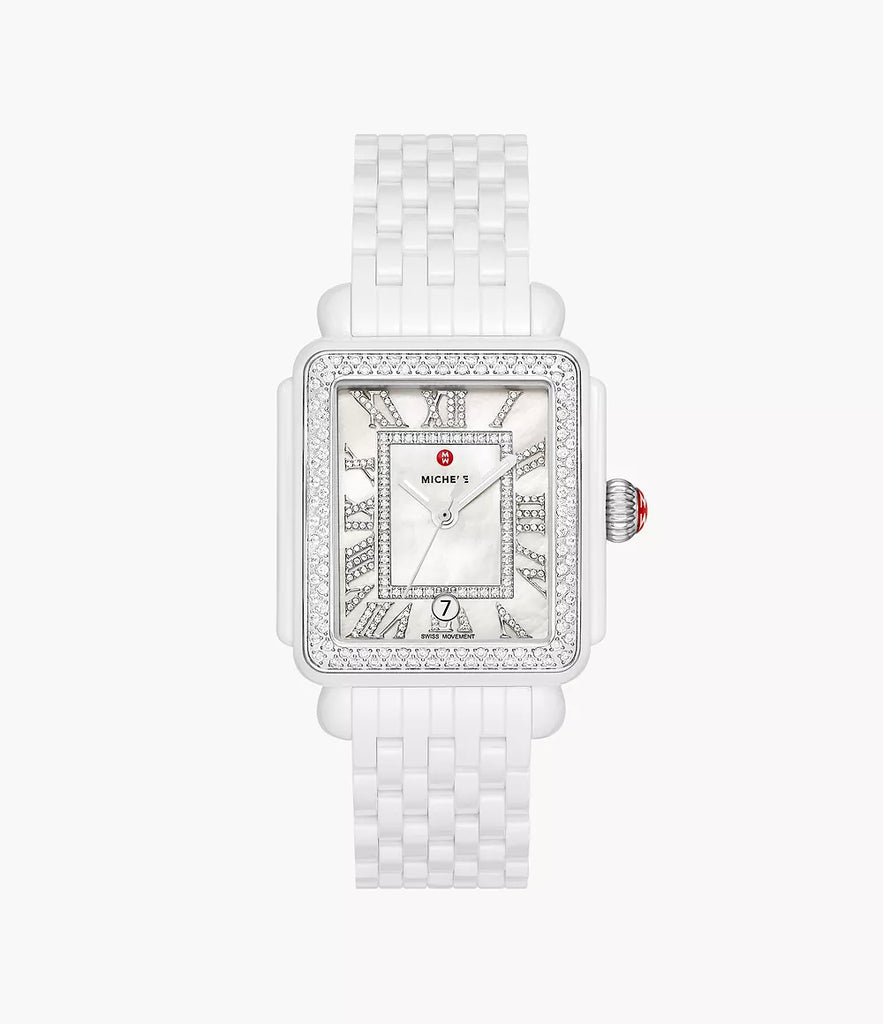 Michele Deco Madison Diamond Watch, White Ceramic with White MOP