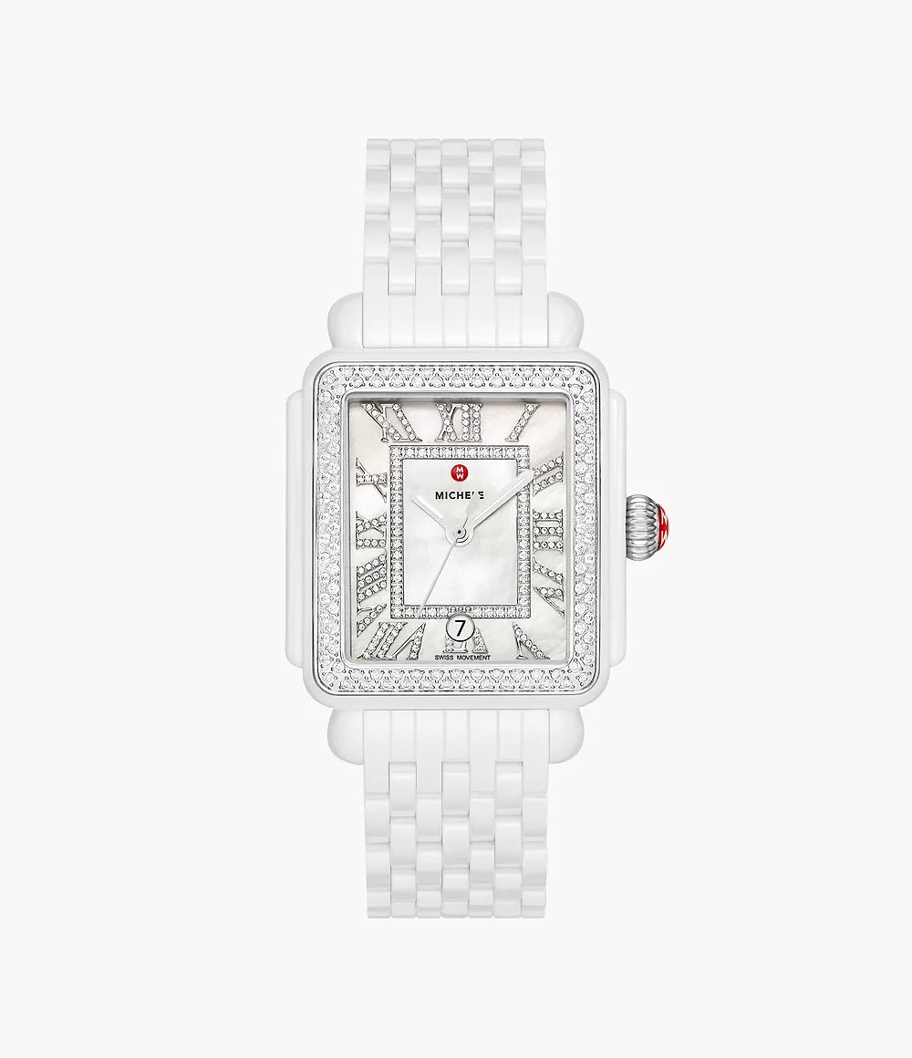 Michele Deco Madison Diamond Watch, White Ceramic with White MOP