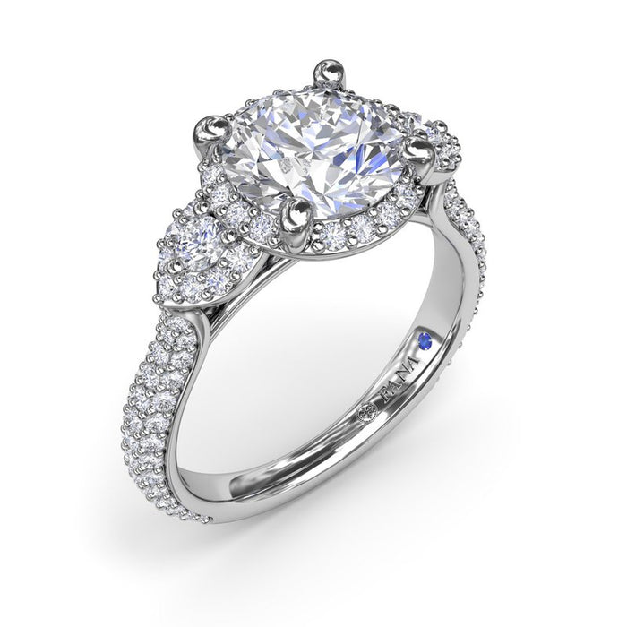 Three-Stone with Triple Halo and Triple Row Pavé Shank Engagement Ring Setting