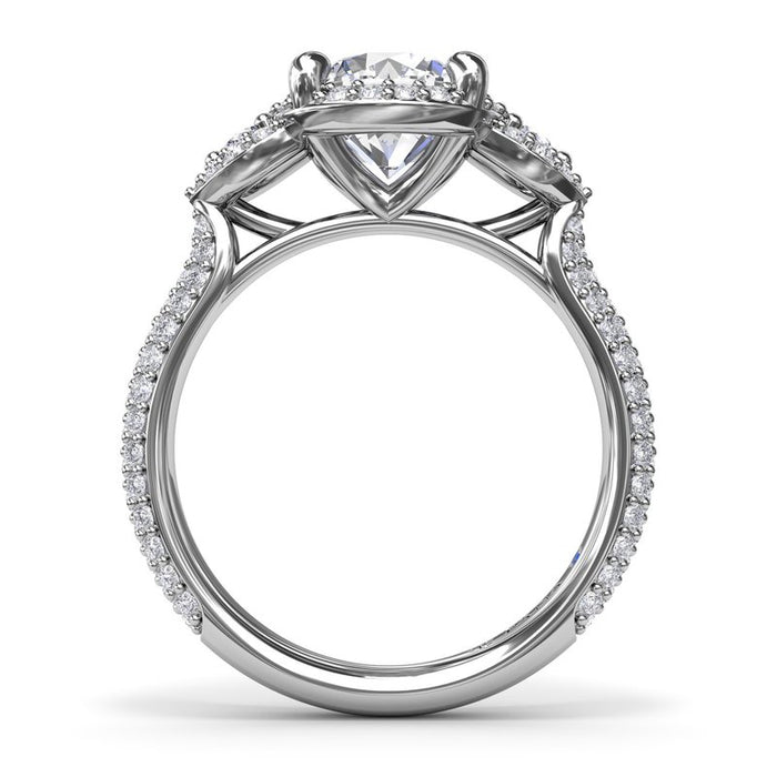 Three-Stone with Triple Halo and Triple Row Pavé Shank Engagement Ring Setting