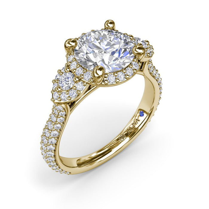 Three-Stone with Triple Halo and Triple Row Pavé Shank Engagement Ring Setting