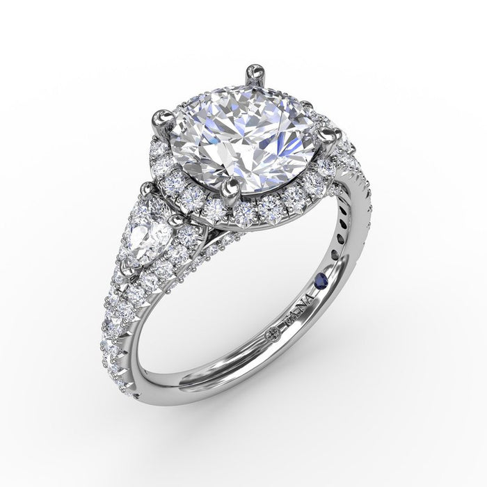 Pear-Shaped Side Stones with Round Halo Engagement Ring Setting