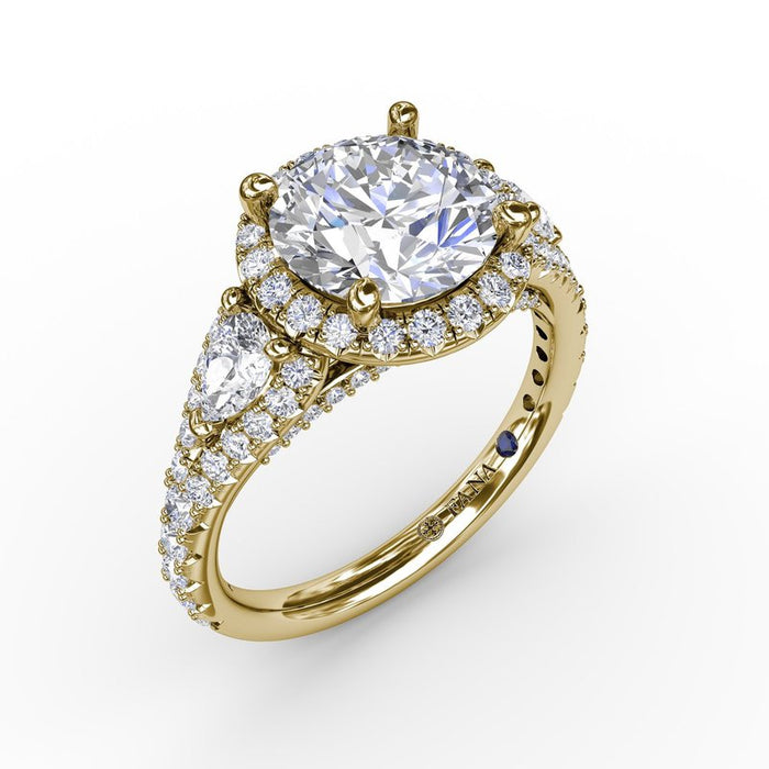 Pear-Shaped Side Stones with Round Halo Engagement Ring Setting