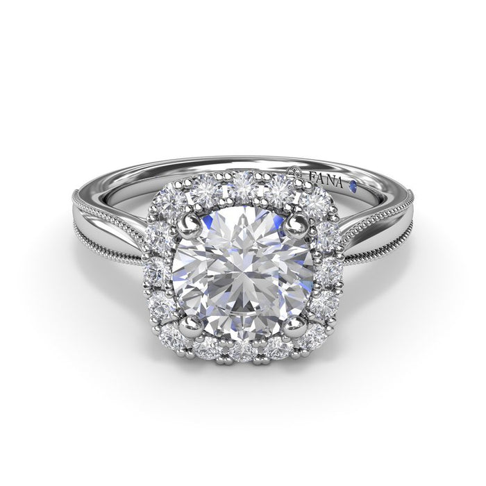 Tapered Milgrain Shank with Cushion Halo Engagement Ring Setting