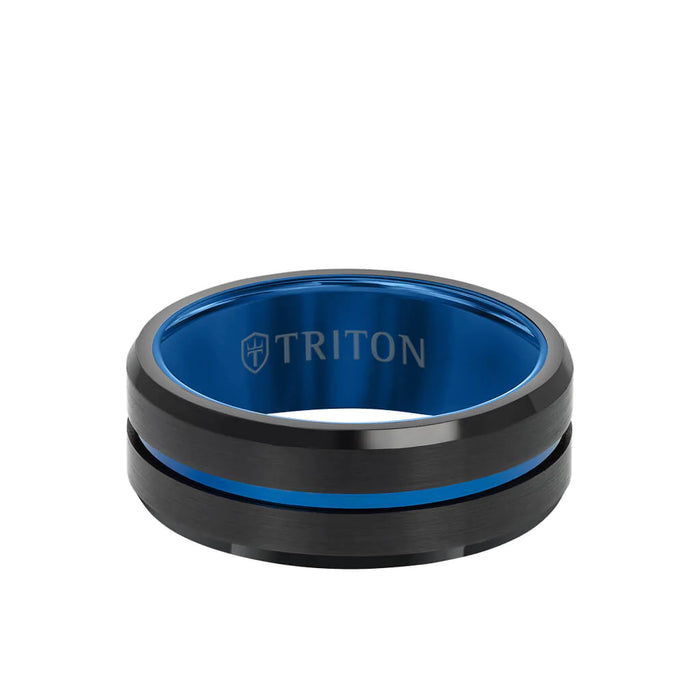 Triton Men's 8MM Black and Blue Tungsten Carbide Center Line Ring